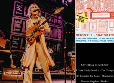 Collage of Ben Windheim on guitar for The Macks along with AMP benefit show poster and setlist