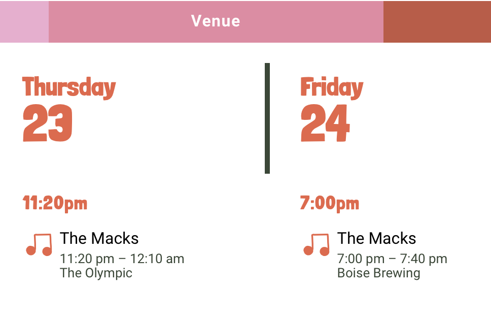 March 23 and March 24 schedule for The Macks at Treefort Music Festival