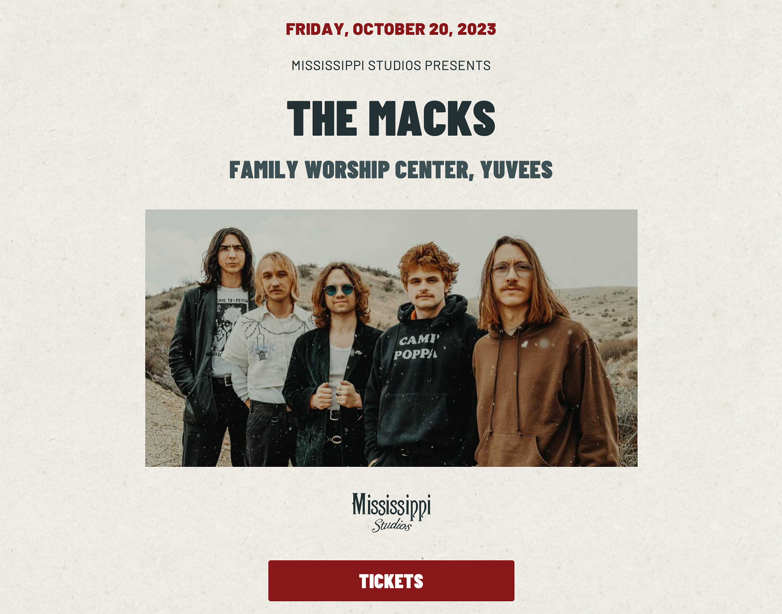 The Macks are headlining Mississippi Studios on 10/20/23 in Portland, Oregon with Yuvees and Family Worship Center.