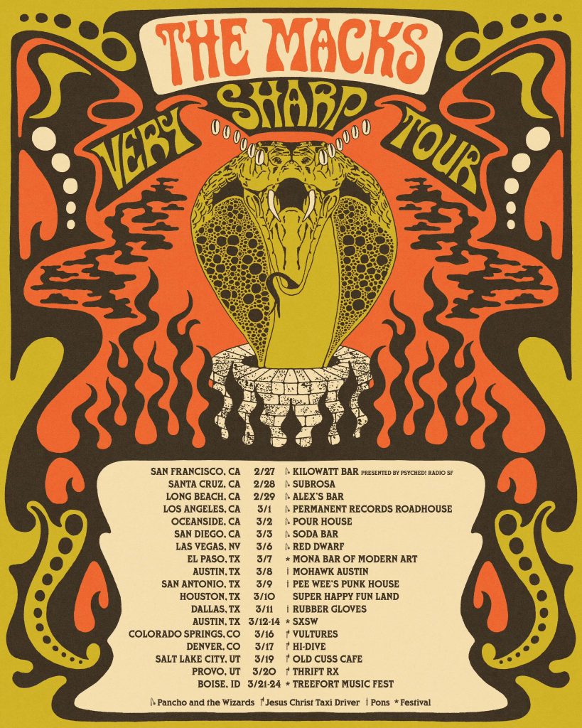 The Macks' Very Sharp Tour poster with a cobra snack and list of concert dates.